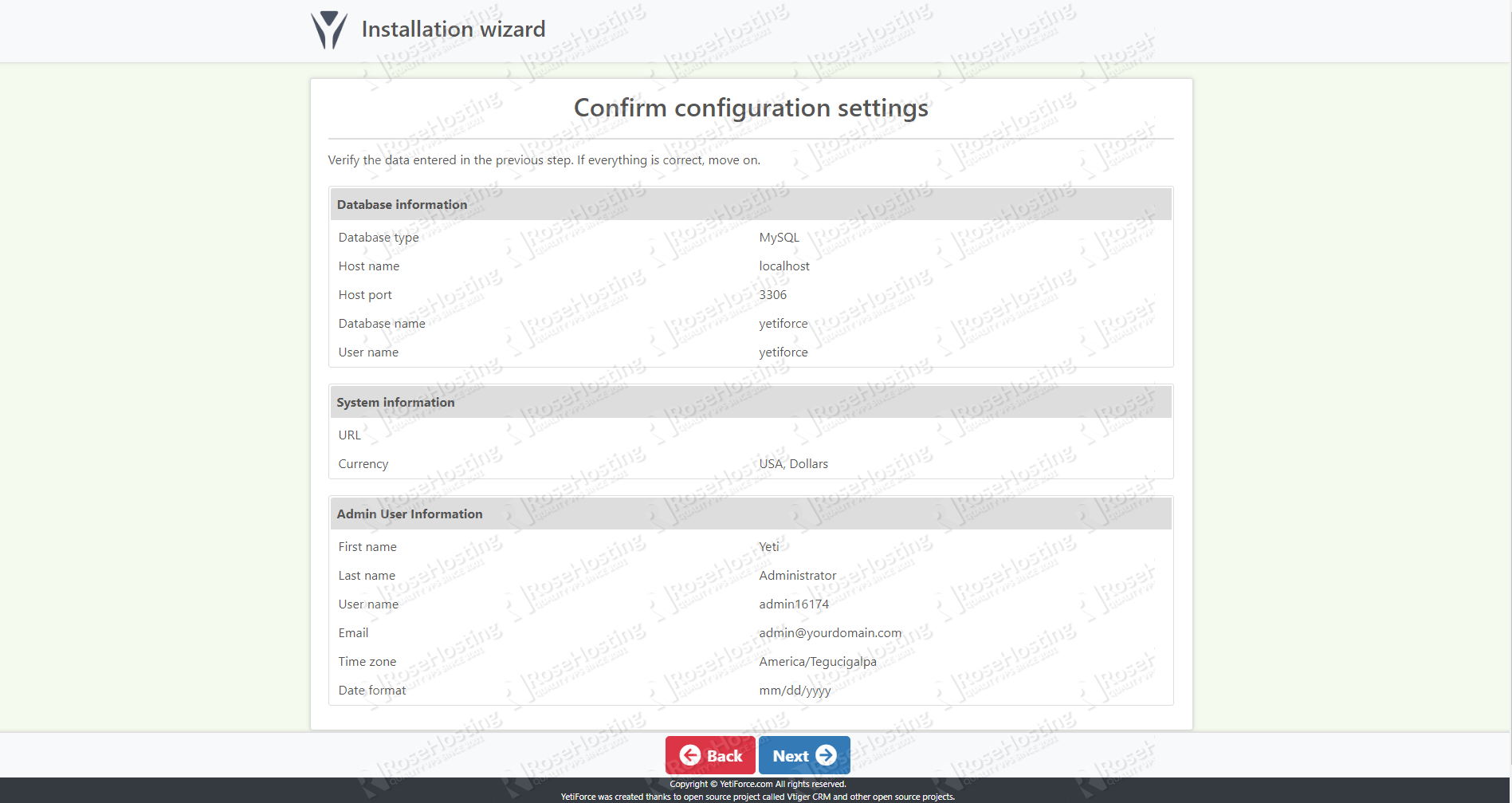 YetiForce Confirm Configuration Settings