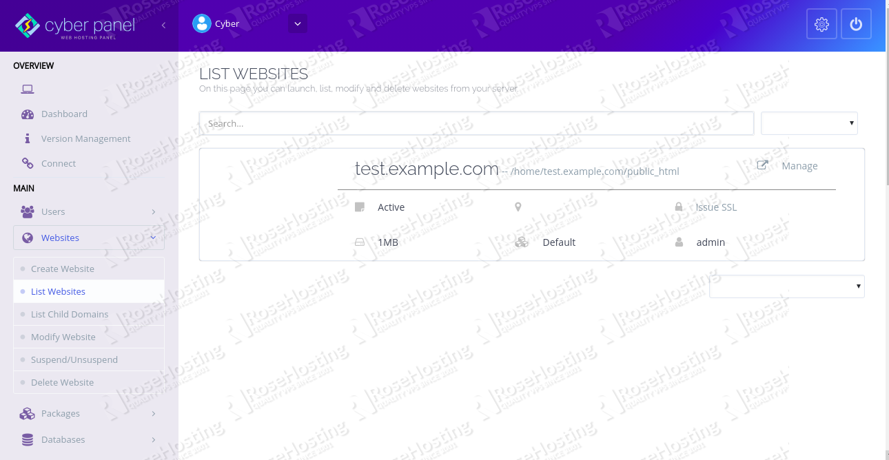 Website visible on CyberPanel Dashboard