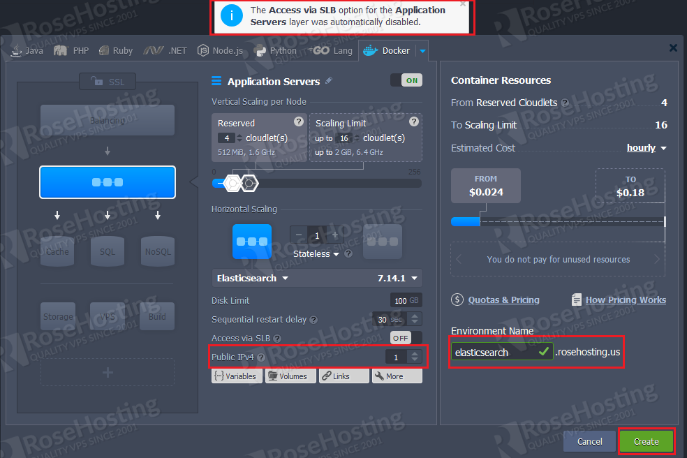 configuration of elasticsearch cluster on rosehosting cloud