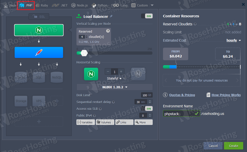 how to use rosehosting cloud php stack