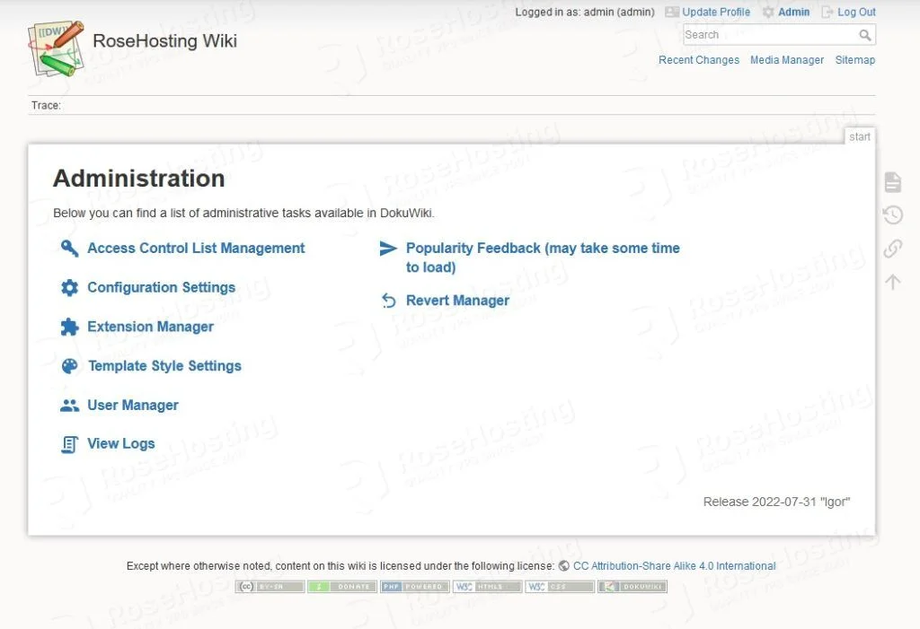 dokuwiki admin section