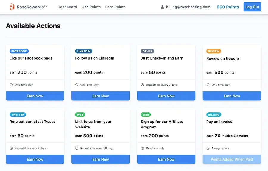 RoseRewards available actions dashboard