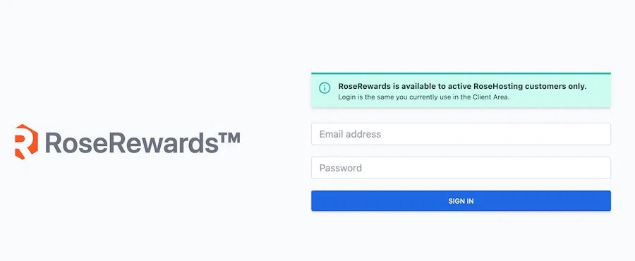 RoseRewards login screen