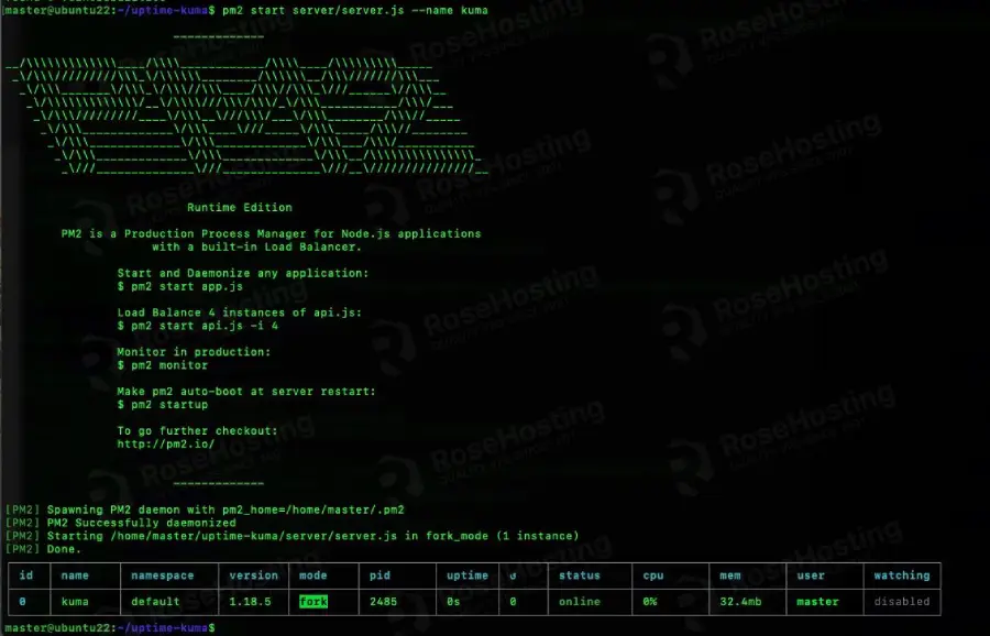 uptime kuma pm2 start