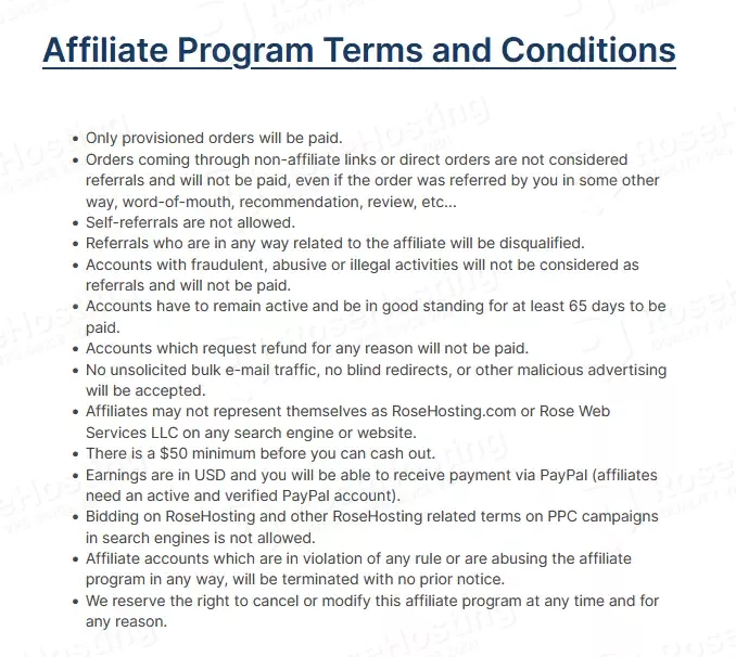 rosehosting affiliate program terms and conditions