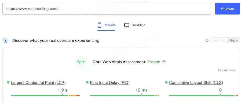 rosehosting core web vitals