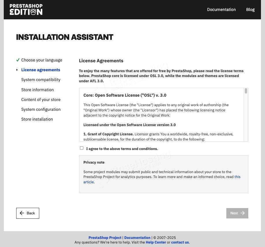 Prestashop Install terms and conditions