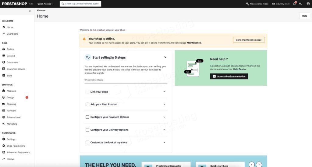 PrestaShop user interface