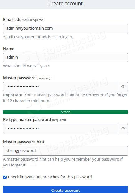 create Bitwarden account on AlmaLinux 10