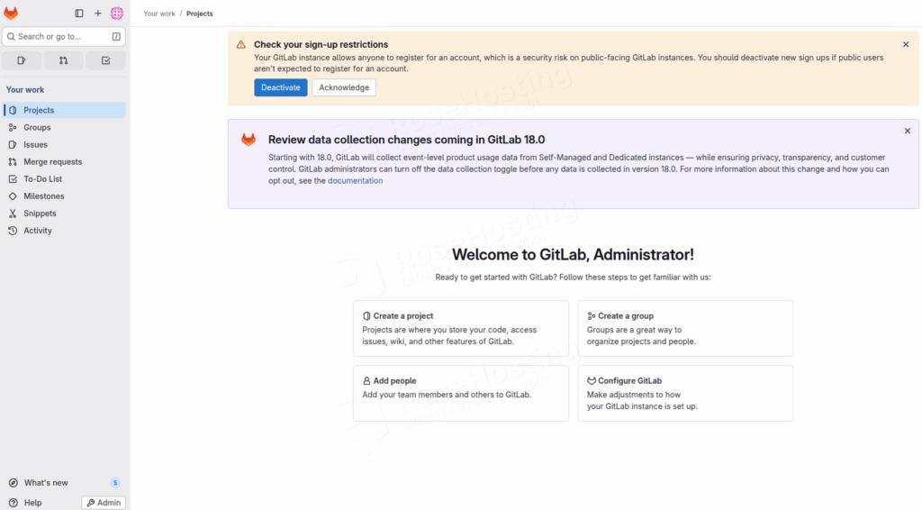 GitLab dashboard on Debian 13