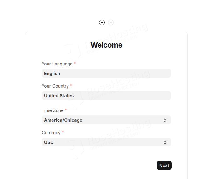 Choose your Location, timezone and currency