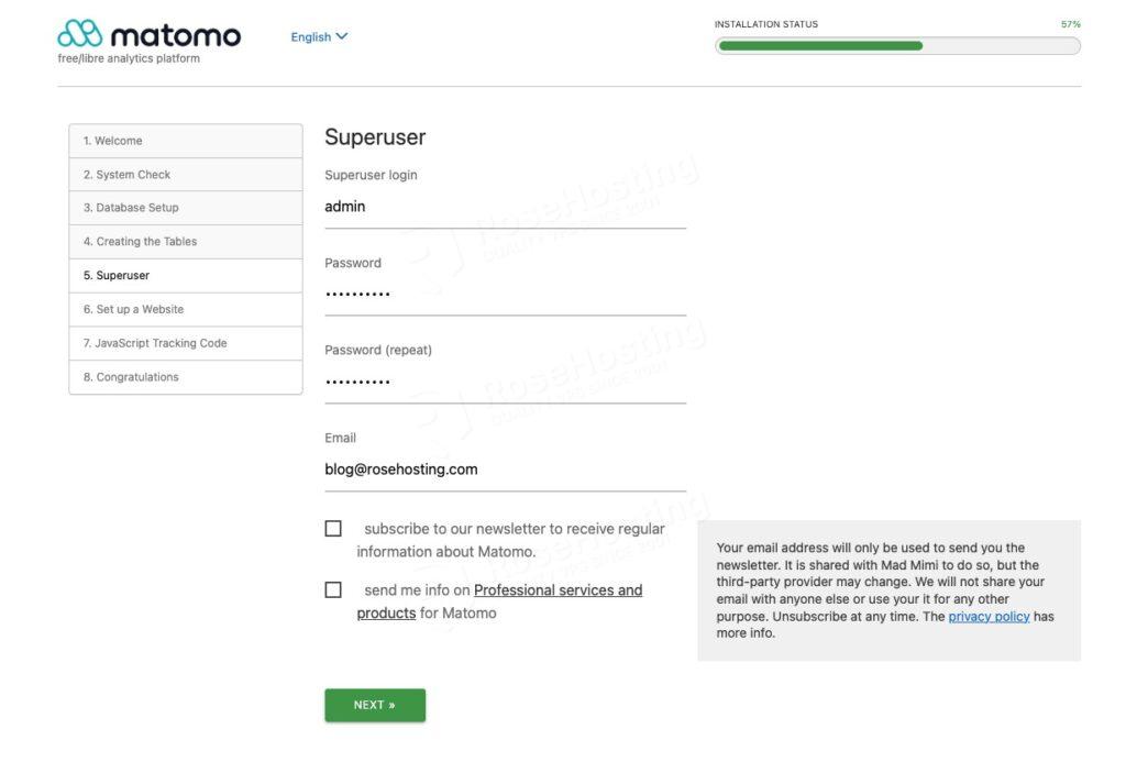 Create Matomo superuser