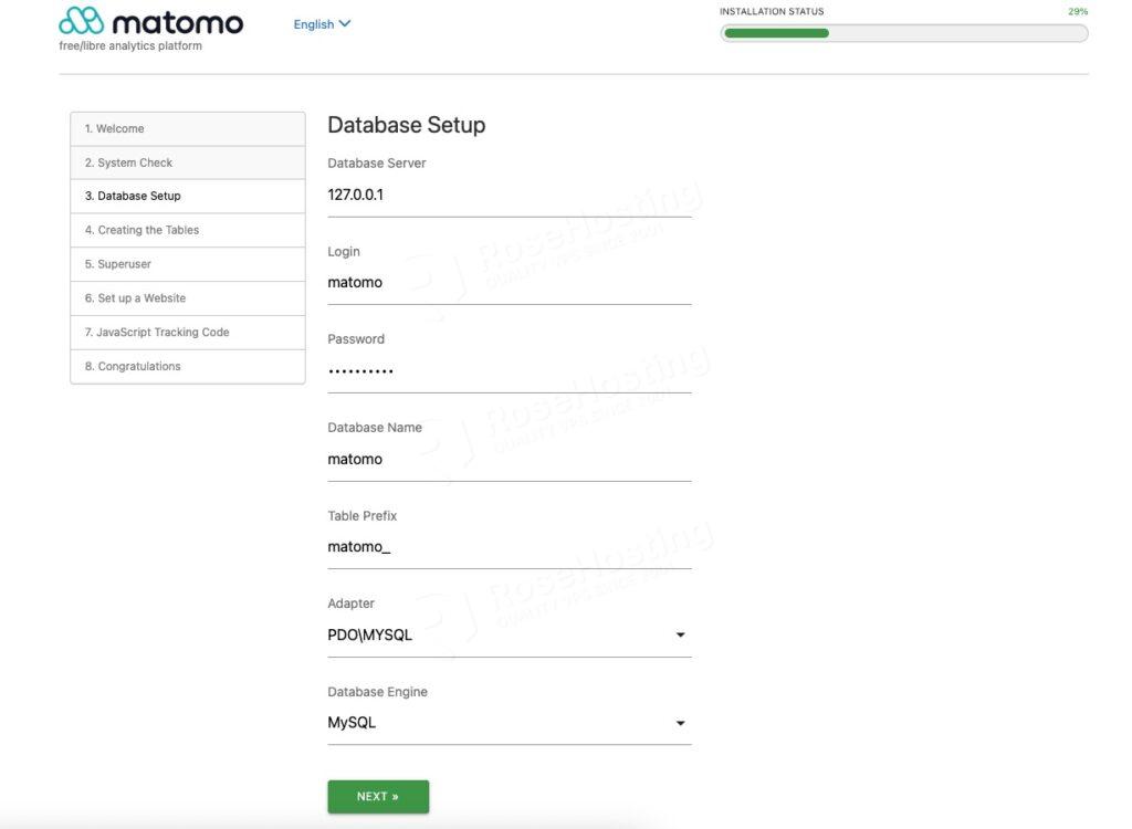Matomo Database setup