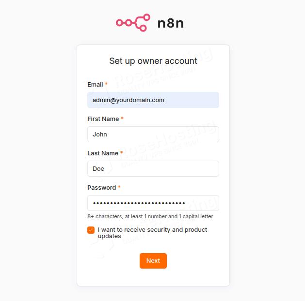 create n8n admin account