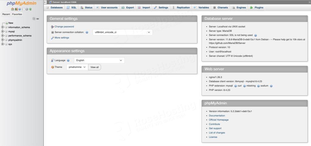 phpMyAdmin dashboard