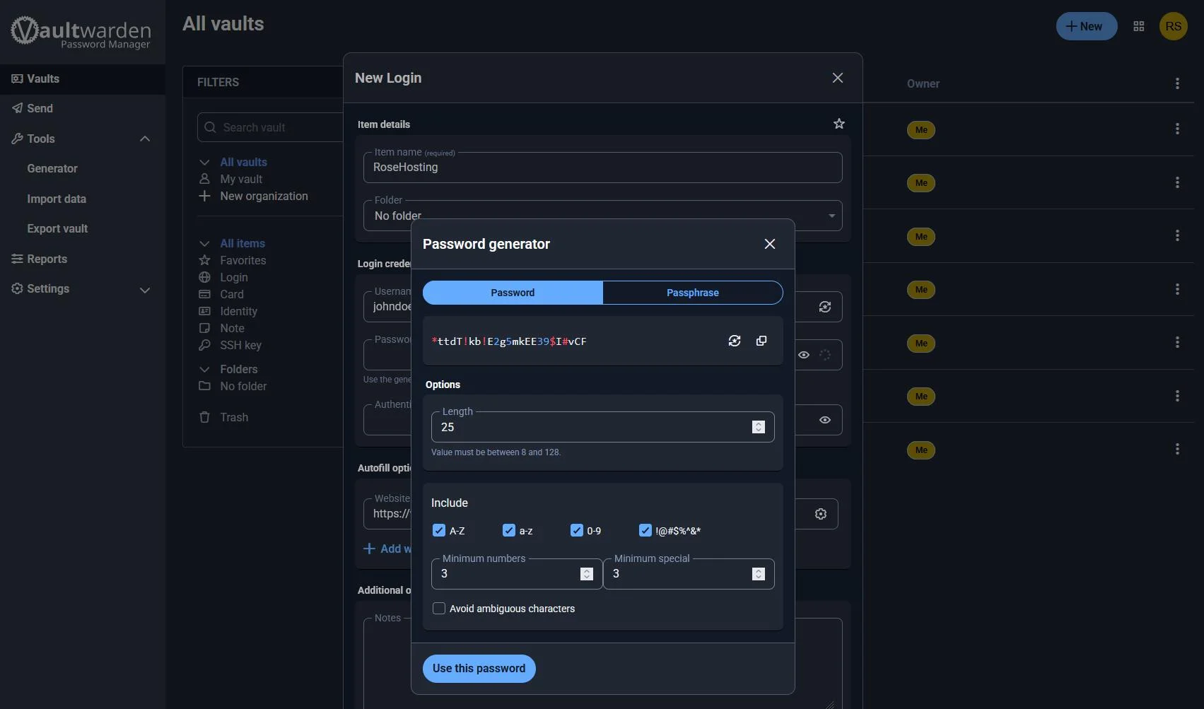 vaultwarden hosting password generator